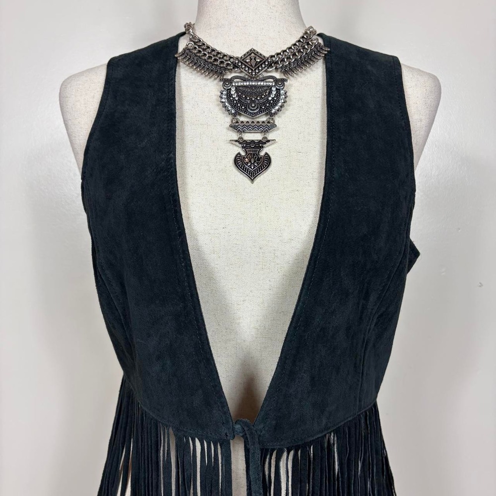 Vintage Y2k Fringe Leather Suede Vest Medium Festival Boho Hippie Western Black - Picture 2 of 7